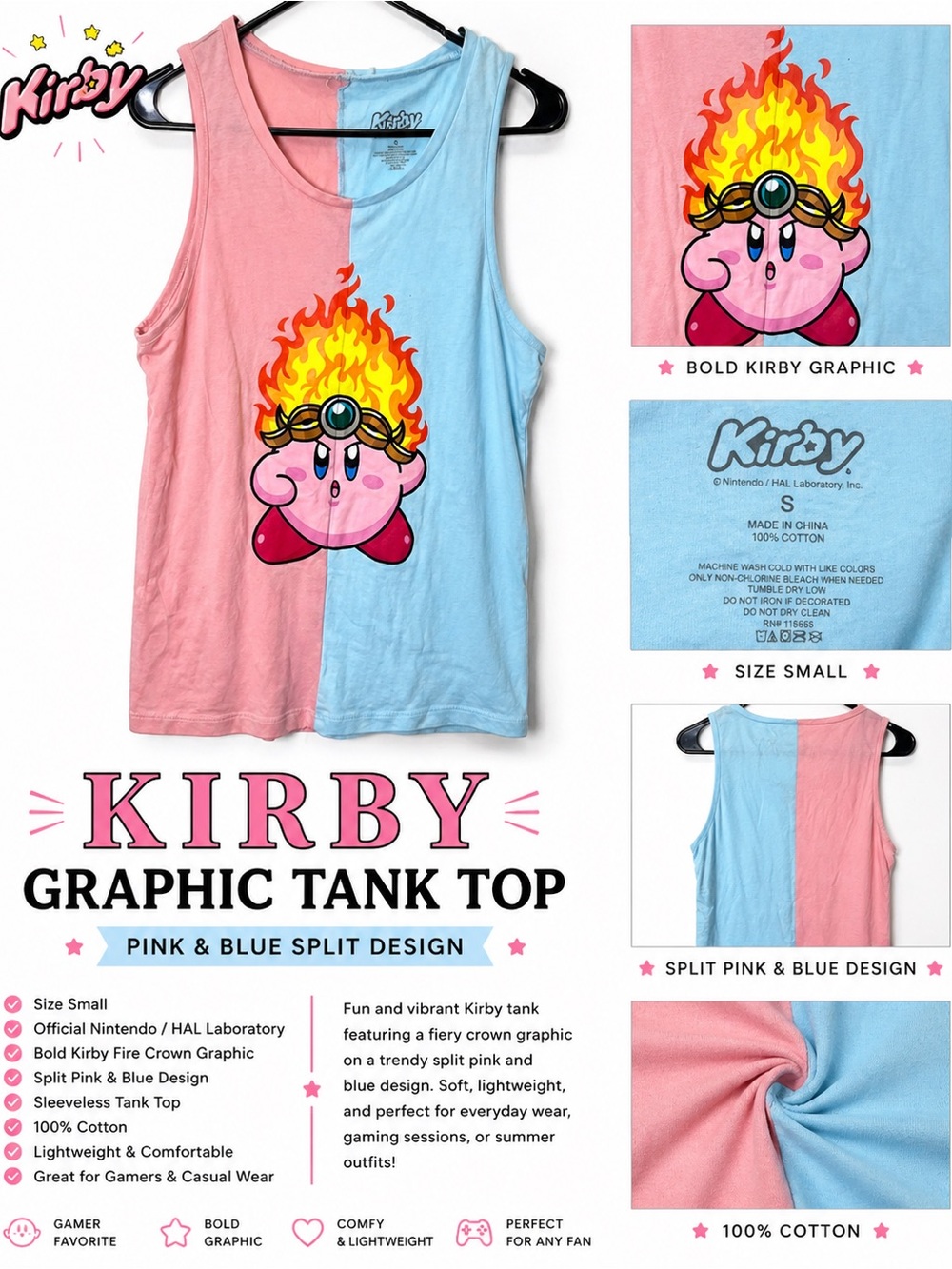 Kirby Graphic Tank Top Split Pink Blue Fire Crown Nintendo